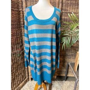 Extra Touch Teal Green/Blue Gray Striped Scoop Neck Long Sleeve Sweater/Dress 2X